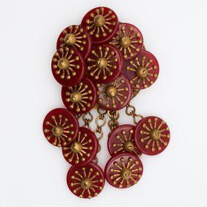 Vintage Red Bakelite Brooch Haskell Style W/ Brass Studs Dangling Buttons 1930s